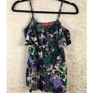 Elle Womens Button Front Tank Top Purple Green‎ Floral V Neck Layered Front XS